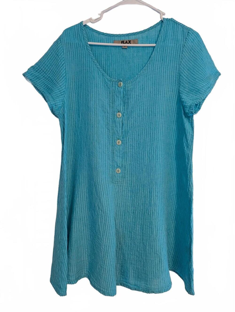 FLAX Women's P Blue Linen Short Sleeve Button Front Tunic Dress Lagenlook Linen